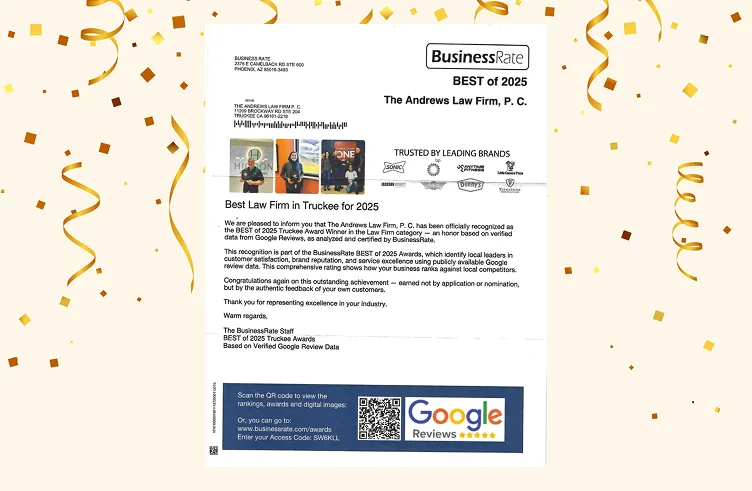 Best Law Firm in Truckee 2025 — Andrews Law Firm recognized by BusinessRate